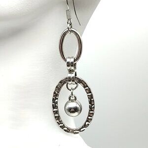 Silver Tone Hammered Long Oval Link Dangle-Drop Earrings with Ball Drop Y2K